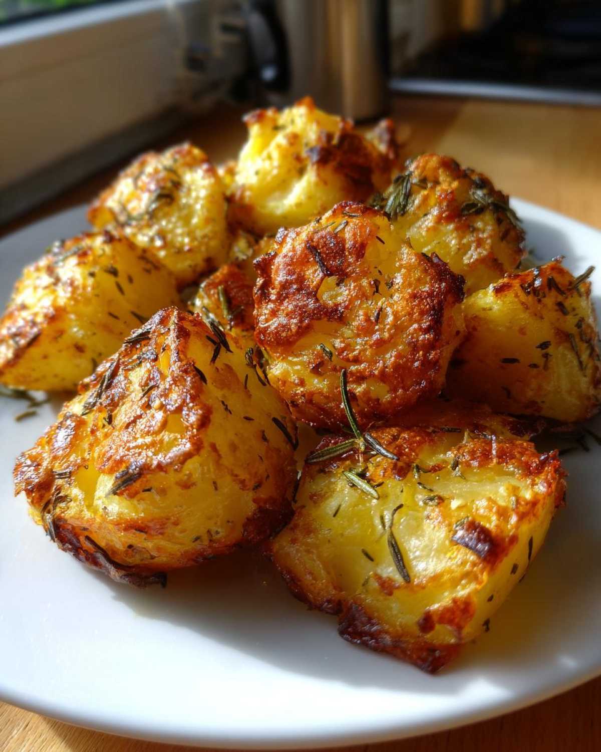 Close-up of golden brown, crispy oven roasted potatoes seasoned with rosemary on a white plate.