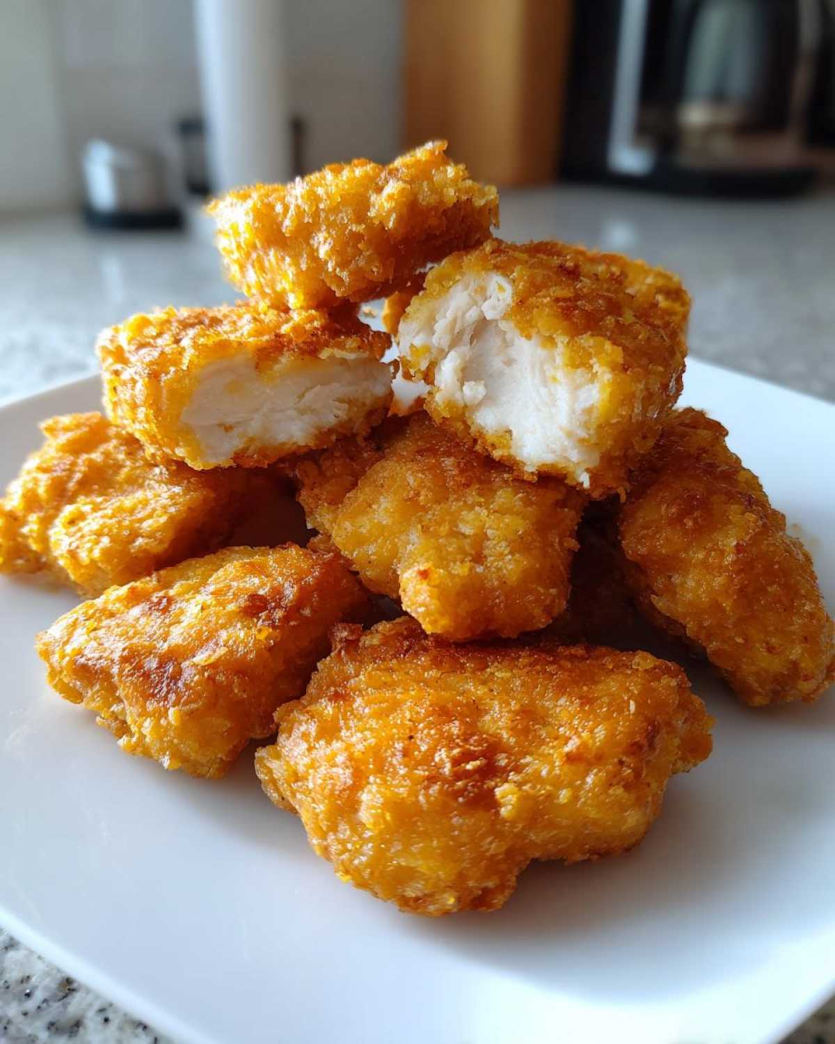 A close-up of golden brown, crispy homemade chicken nuggets piled on a white plate, with one nugget broken open showing white chicken meat.