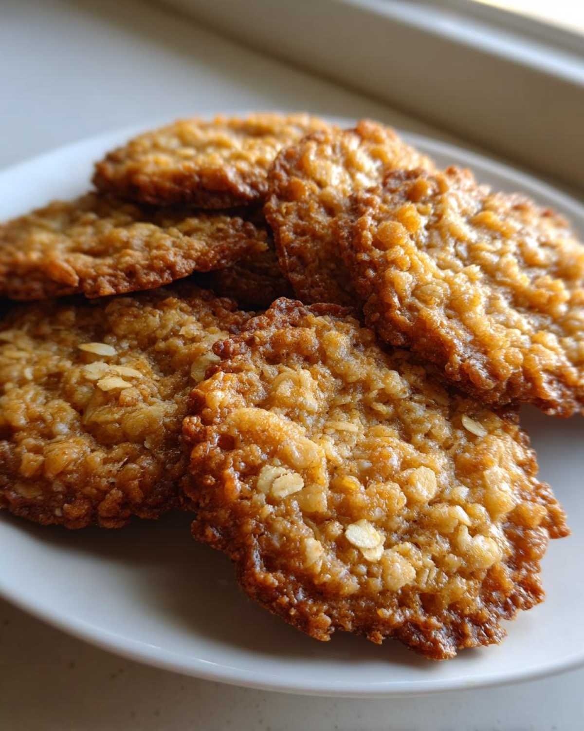 Close-up of several golden brown, crispy oatmeal lace cookies stacked on a white plate.