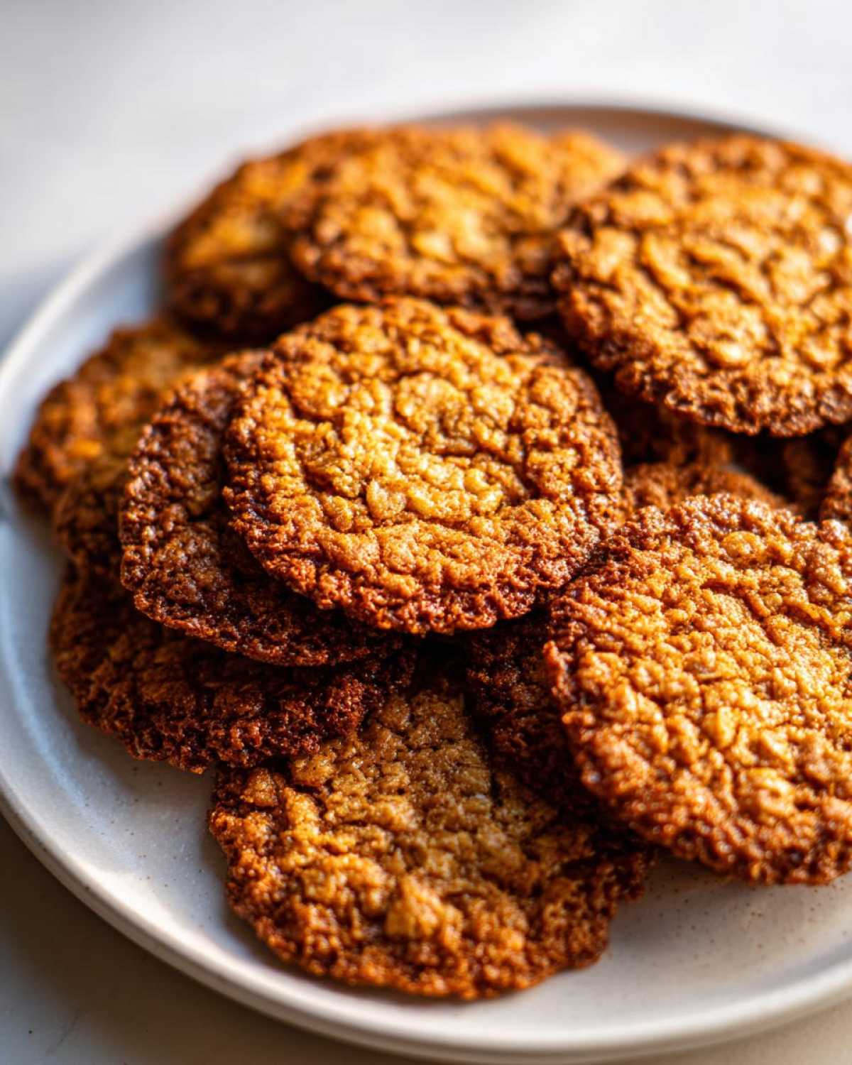 A stack of golden brown, crispy oatmeal lace cookies piled high on a light-colored plate.