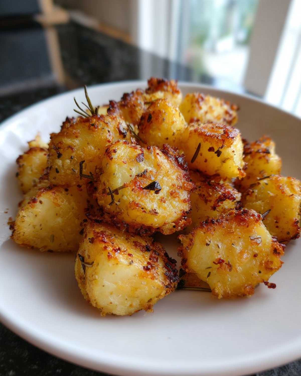 A close-up of perfectly crispy, golden oven roasted potatoes seasoned with herbs.