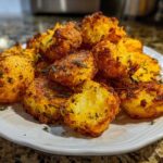 A mound of golden brown, crispy oven roasted potatoes seasoned with rosemary and herbs on a white plate.