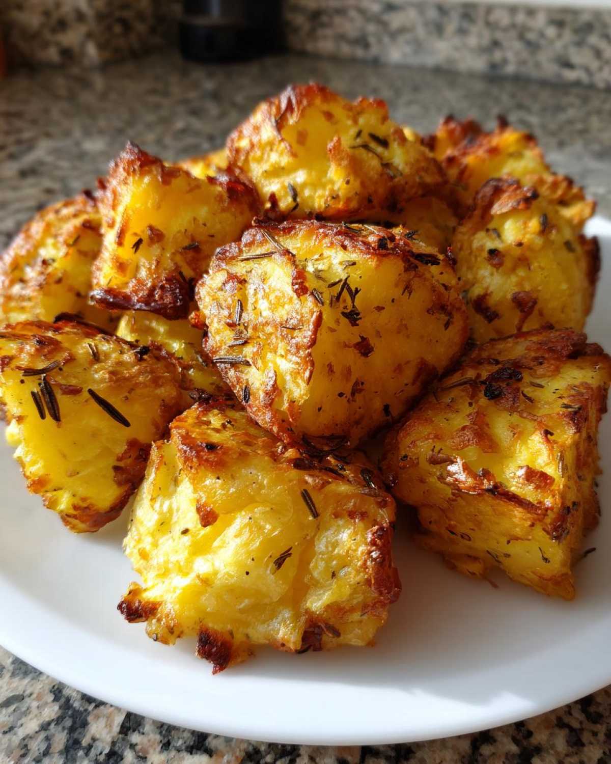 A close-up of fluffy, golden oven roasted potatoes seasoned with rosemary, piled on a white plate.