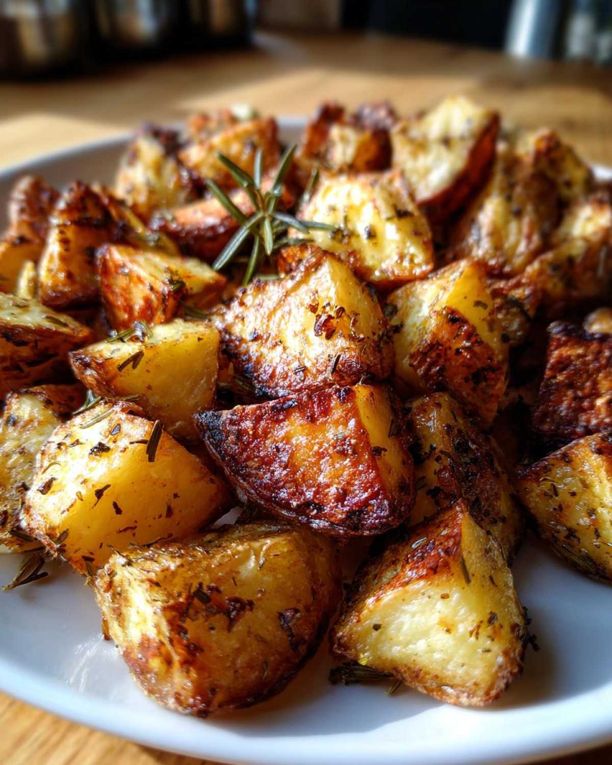 Close-up of golden brown, crispy oven roasted potatoes seasoned with herbs and garnished with fresh rosemary.