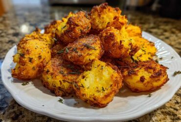 A mound of golden brown, crispy oven roasted potatoes seasoned with rosemary and herbs on a white plate.