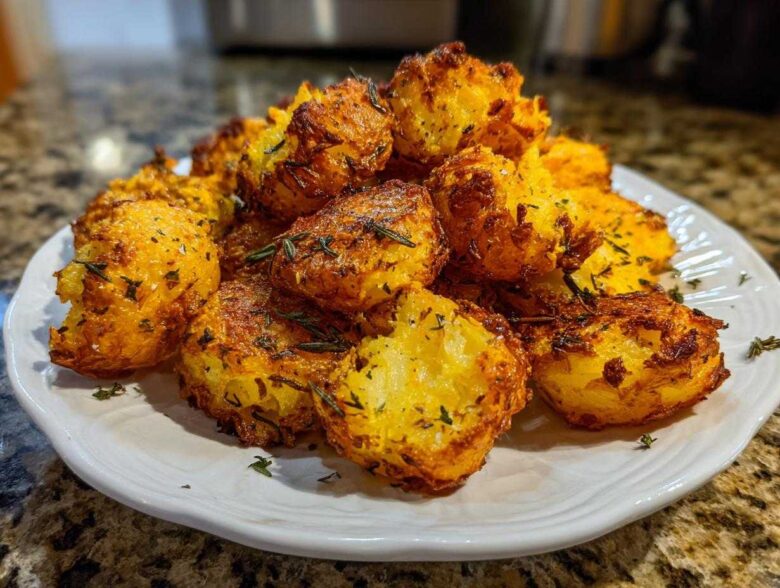 A mound of golden brown, crispy oven roasted potatoes seasoned with rosemary and herbs on a white plate.