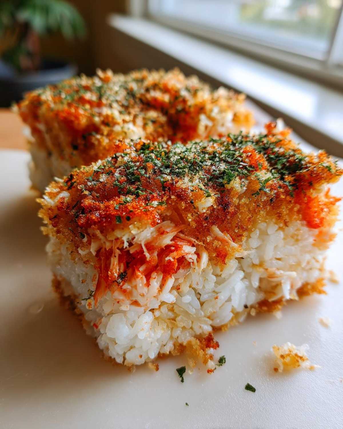 A close-up of a square portion of baked sushi, showing white rice, crab topping, and a crispy, seasoned panko crust.