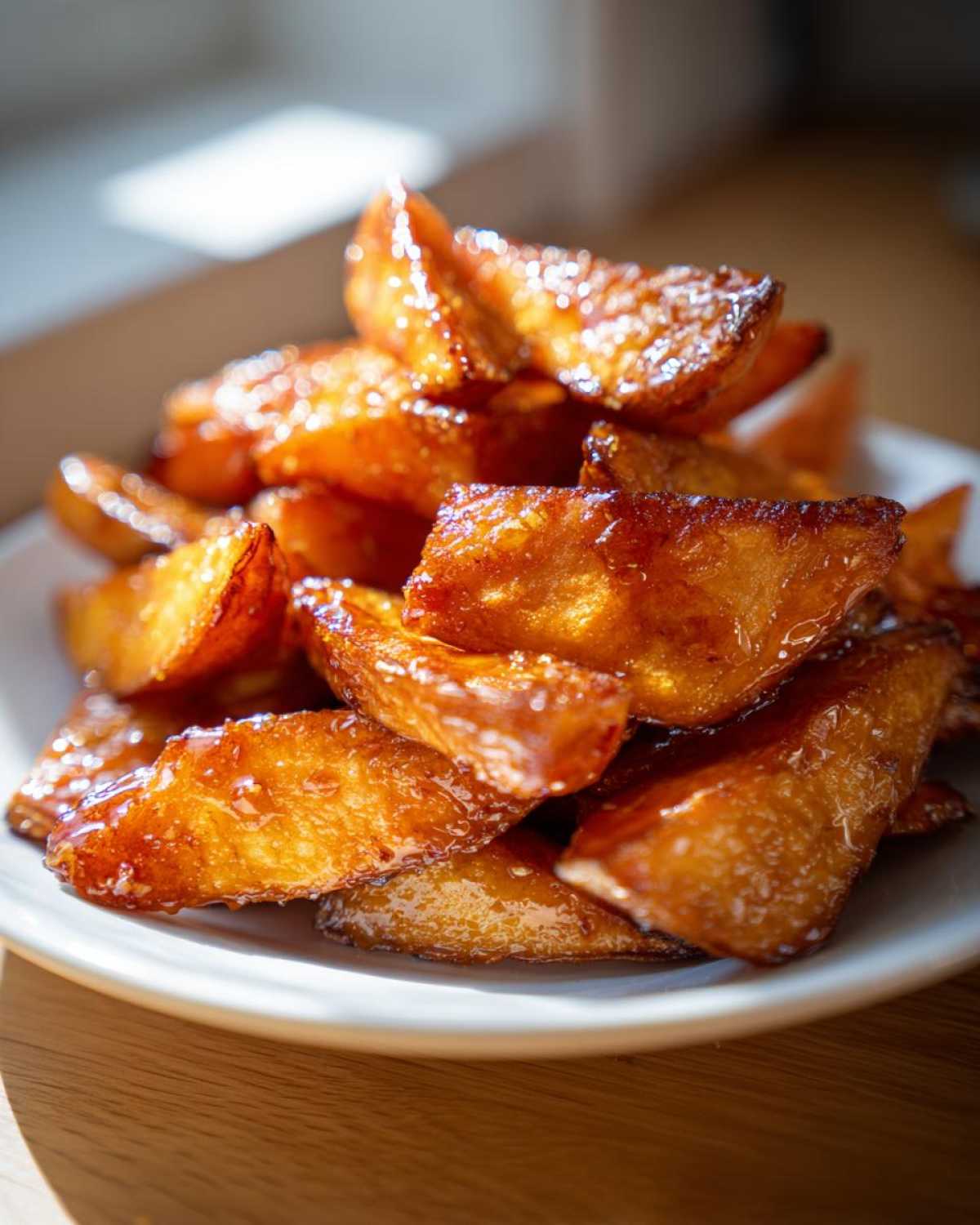 Close-up of perfectly caramelized and crispy sweet potatoes wedges piled high on a white plate.
