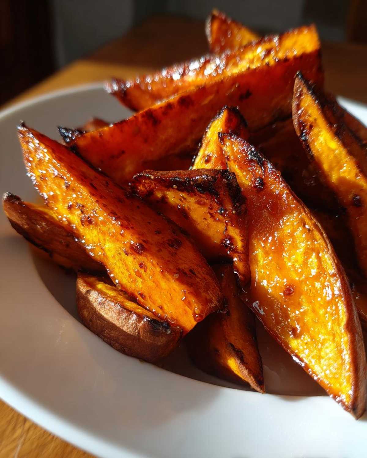 Close-up of shiny, caramelized, crispy sweet potatoes wedges piled in a white bowl.