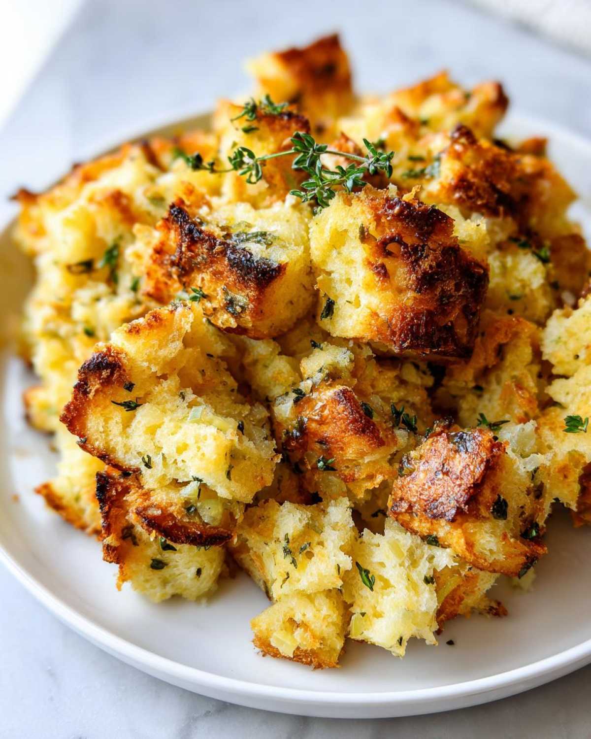 Close-up of fluffy, golden brown crock pot stuffing cubes garnished with fresh thyme sprigs.