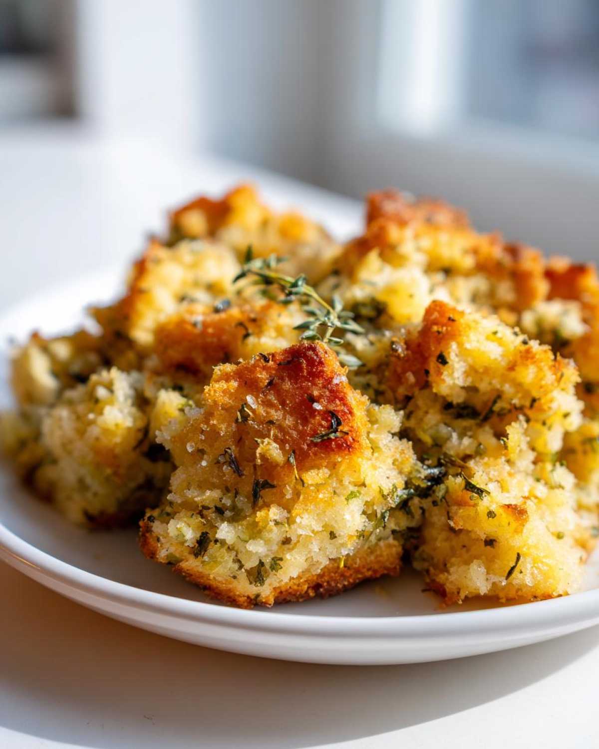 Close-up of fluffy, golden pieces of crock pot stuffing seasoned with herbs and topped with fresh thyme.