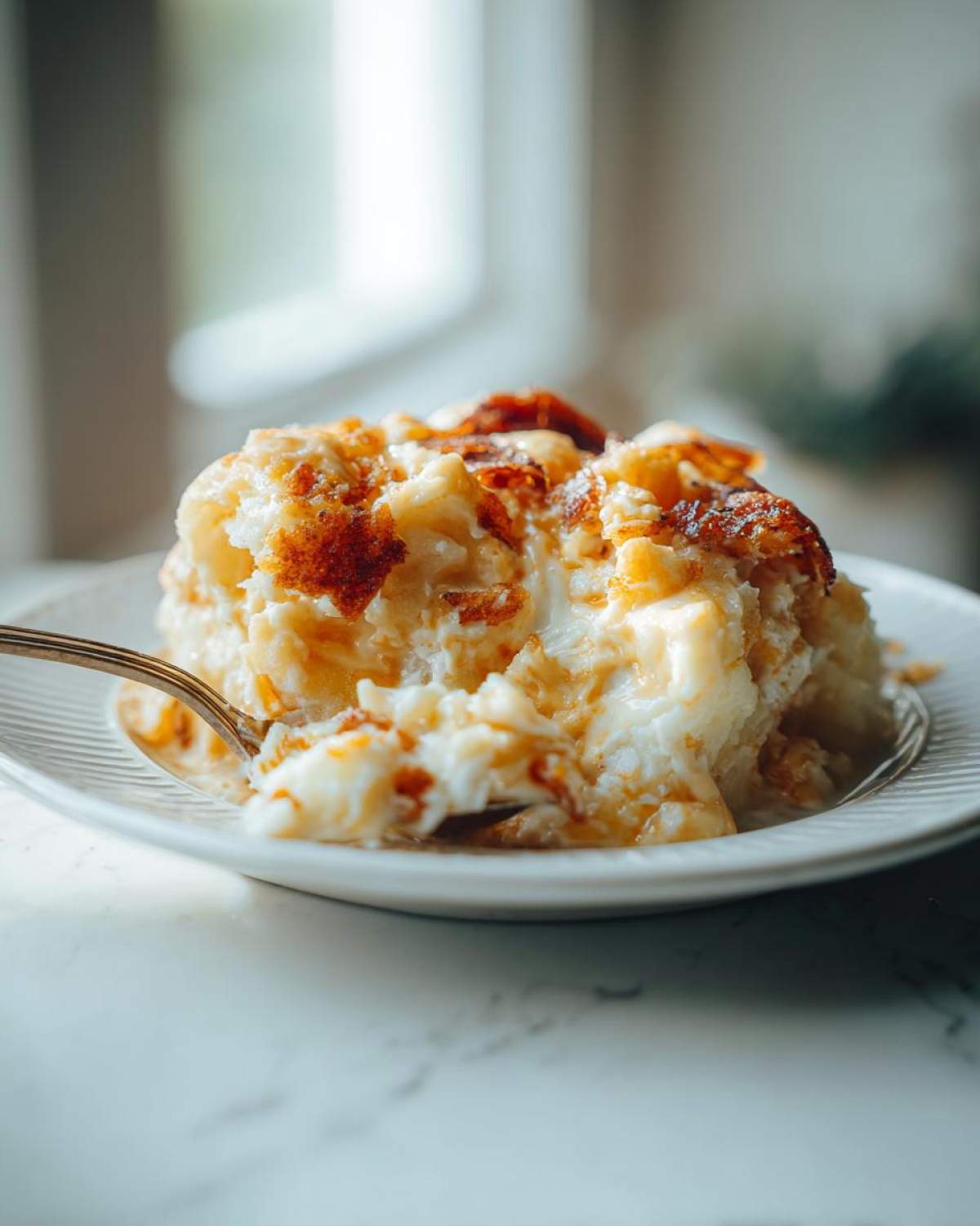 A spoonful of creamy crockpot cheesy potatoes being lifted from a white plate, showing a golden-brown, bubbly top.