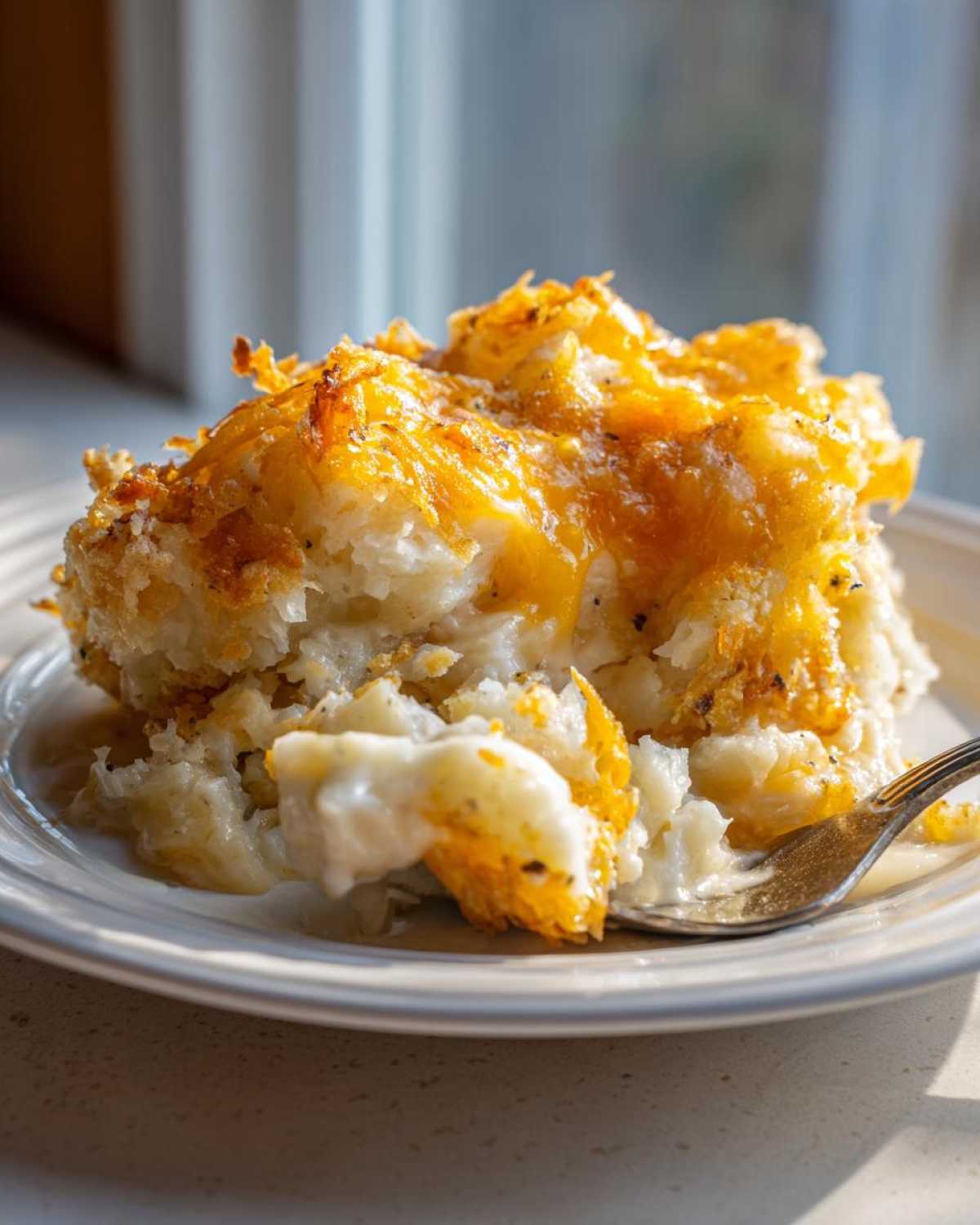 A serving of creamy crockpot cheesy potatoes with a golden, melted cheese topping being scooped with a fork.