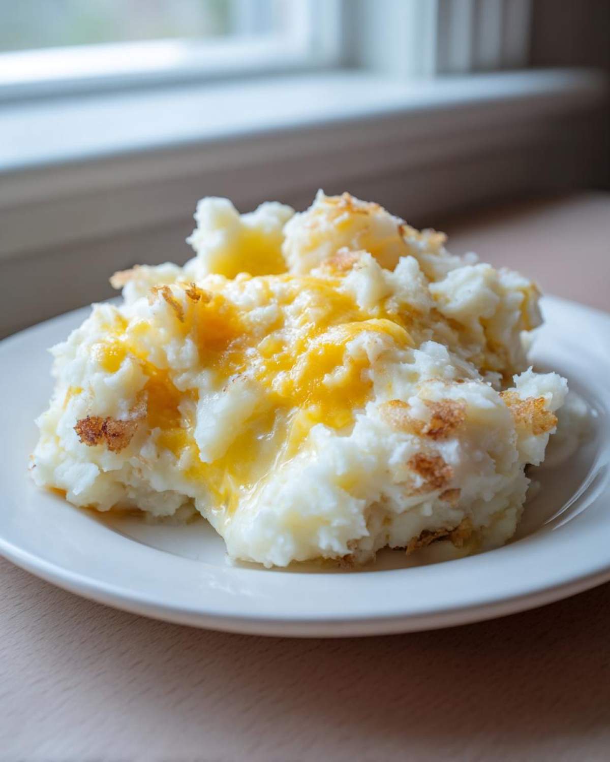 A scoop of creamy crockpot cheesy potatoes topped with melted cheddar cheese served on a white plate.