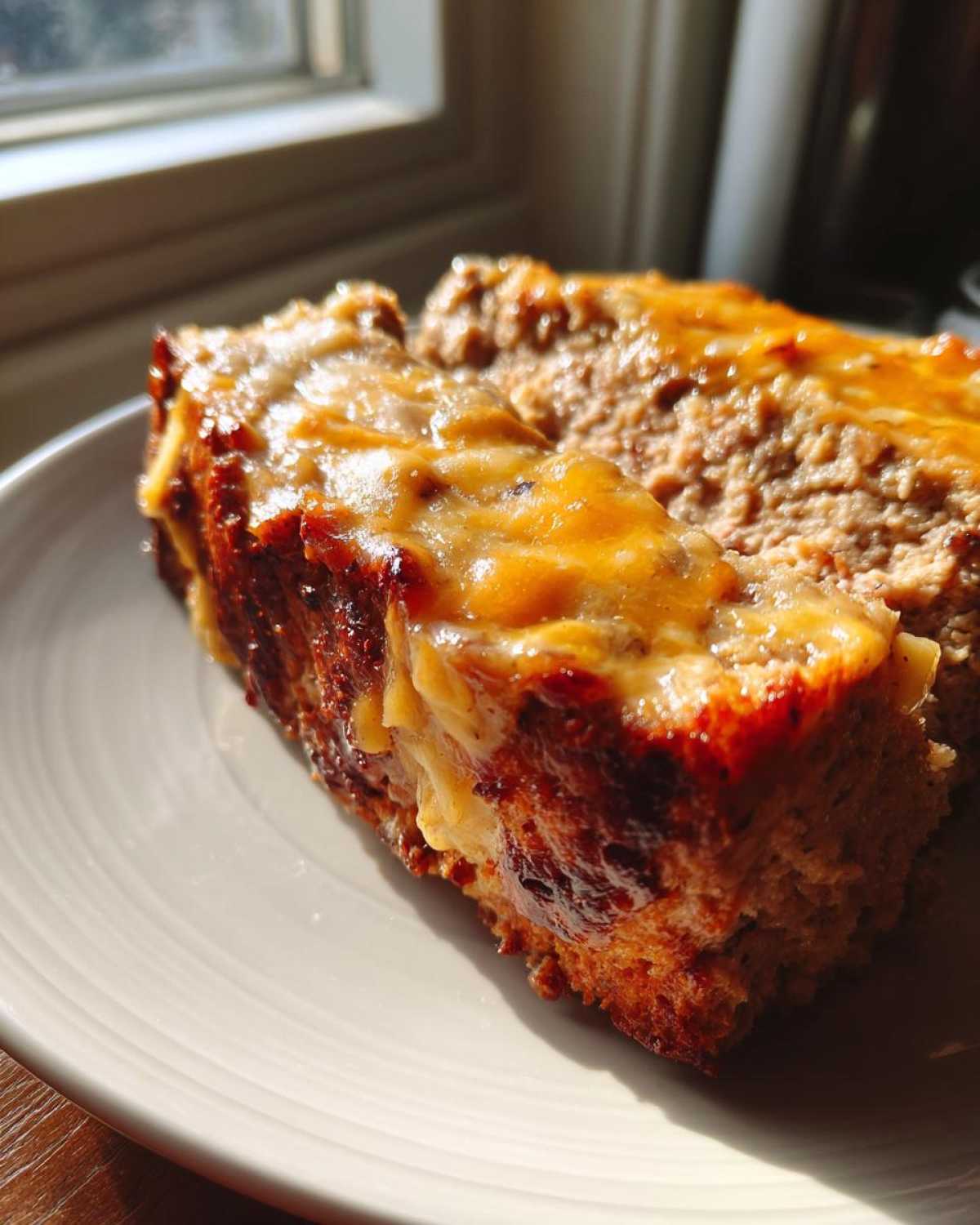 Close-up of a slice of crockpot french onion meatloaf topped with melted, golden cheese, served on a white plate.