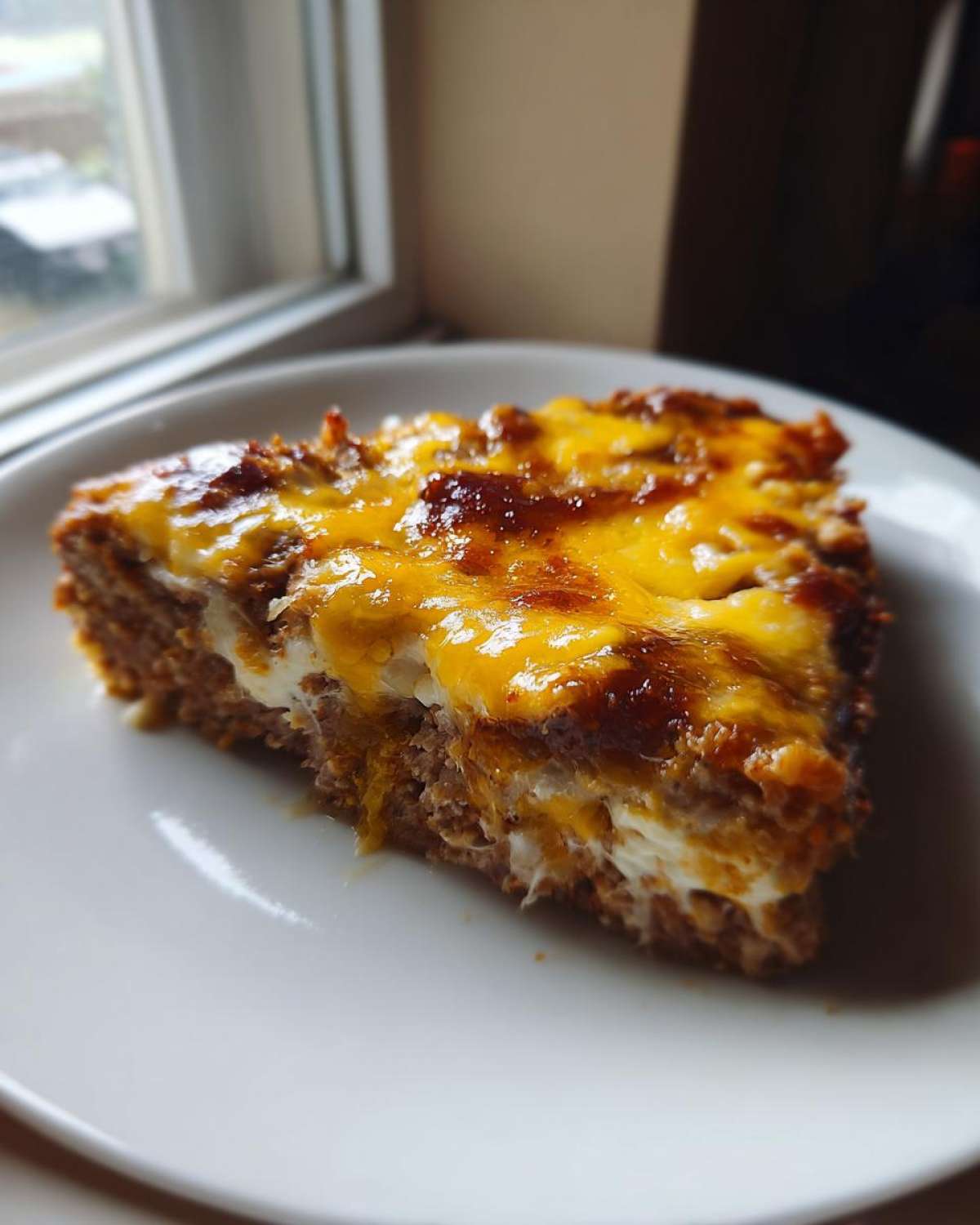 A thick slice of crockpot french onion meatloaf topped with melted, browned cheddar cheese on a white plate.