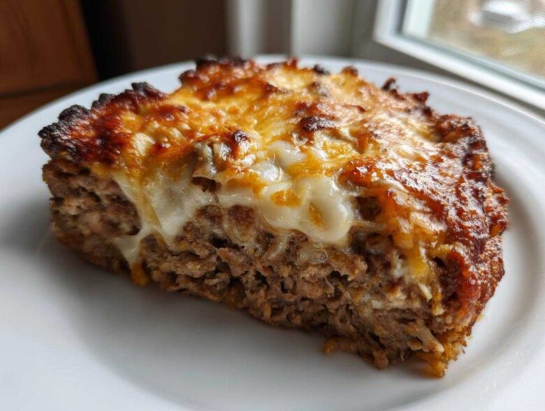 A thick slice of crockpot french onion meatloaf topped with melted, browned cheese on a white plate.