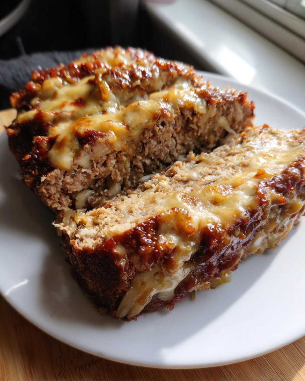Two thick slices of moist crockpot french onion meatloaf topped with melted, bubbly cheese and a savory glaze.