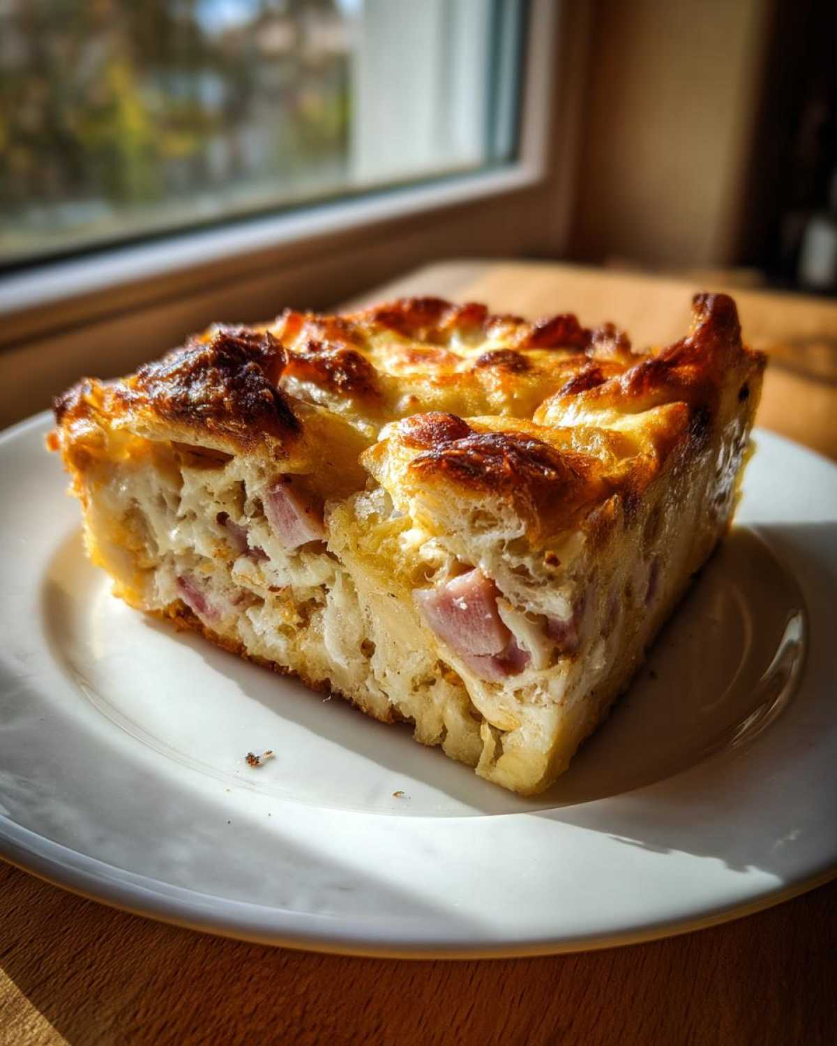 A golden-brown slice of Croissant Breakfast Casserole with visible layers of flaky pastry, ham, and creamy filling on a white plate.