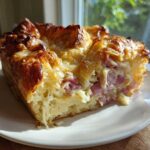 A golden-brown slice of Croissant Breakfast Casserole featuring layers of flaky pastry, melted cheese, and diced ham, served on a white plate.