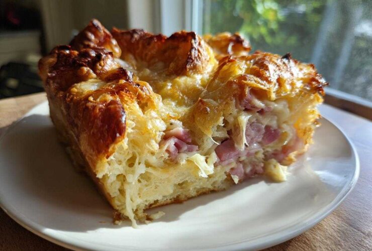 A golden-brown slice of Croissant Breakfast Casserole featuring layers of flaky pastry, melted cheese, and diced ham, served on a white plate.