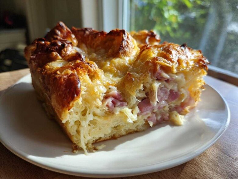 A golden-brown slice of Croissant Breakfast Casserole featuring layers of flaky pastry, melted cheese, and diced ham, served on a white plate.