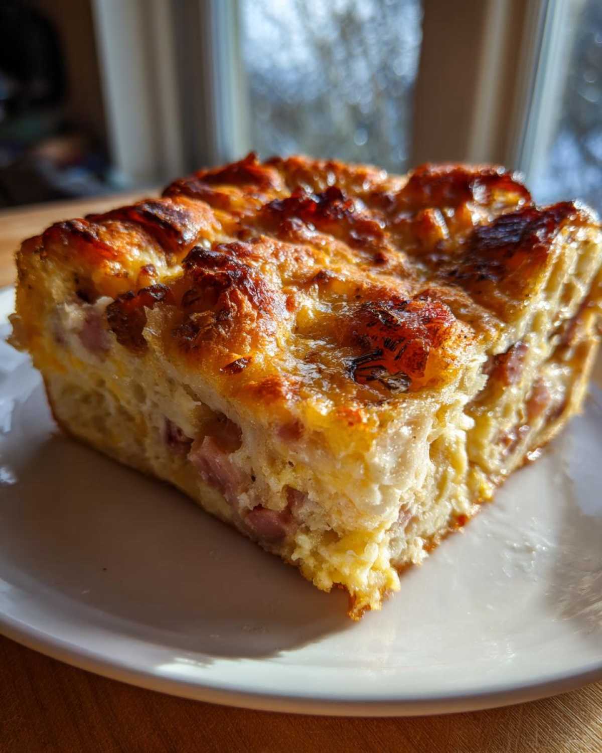 A close-up of a golden-brown square slice of Croissant Breakfast Casserole on a white plate.