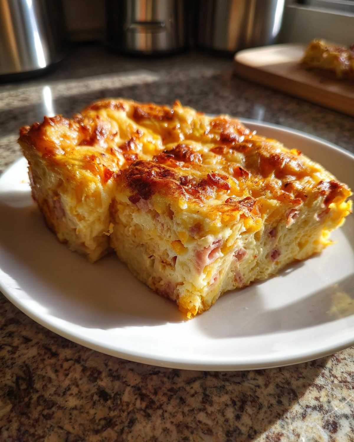 Two golden-brown slices of Croissant Breakfast Casserole featuring ham and cheese, served on a white plate.