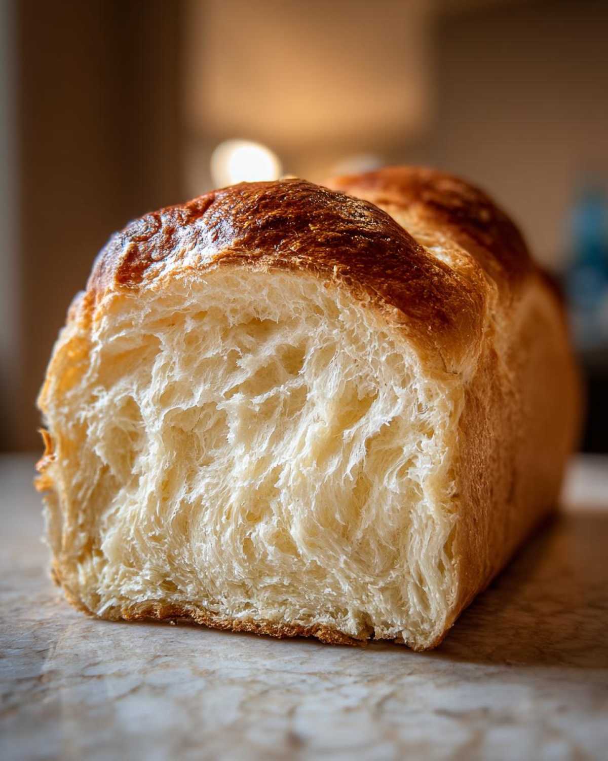 Close-up of a freshly baked japanese milk bread loaf cut in half, showing its incredibly soft and fluffy interior texture.