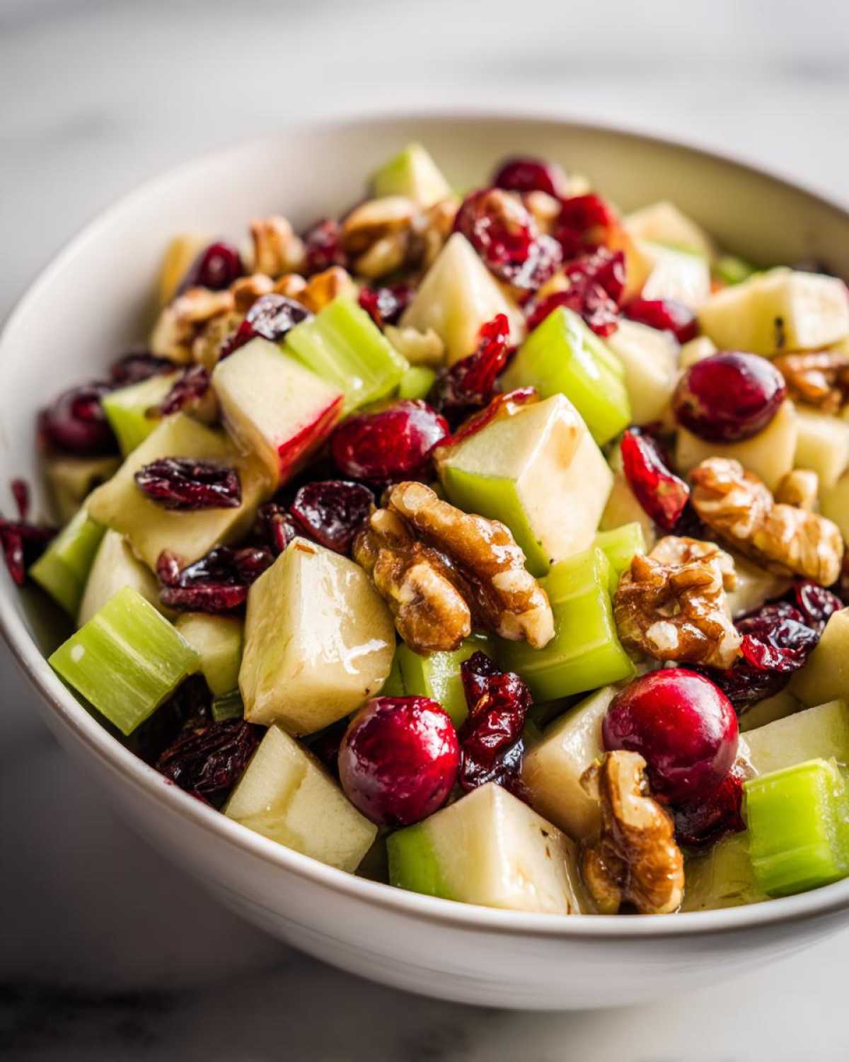 Close-up of a vibrant apple salad featuring diced apples, celery, walnuts, and cranberries in a white bowl.