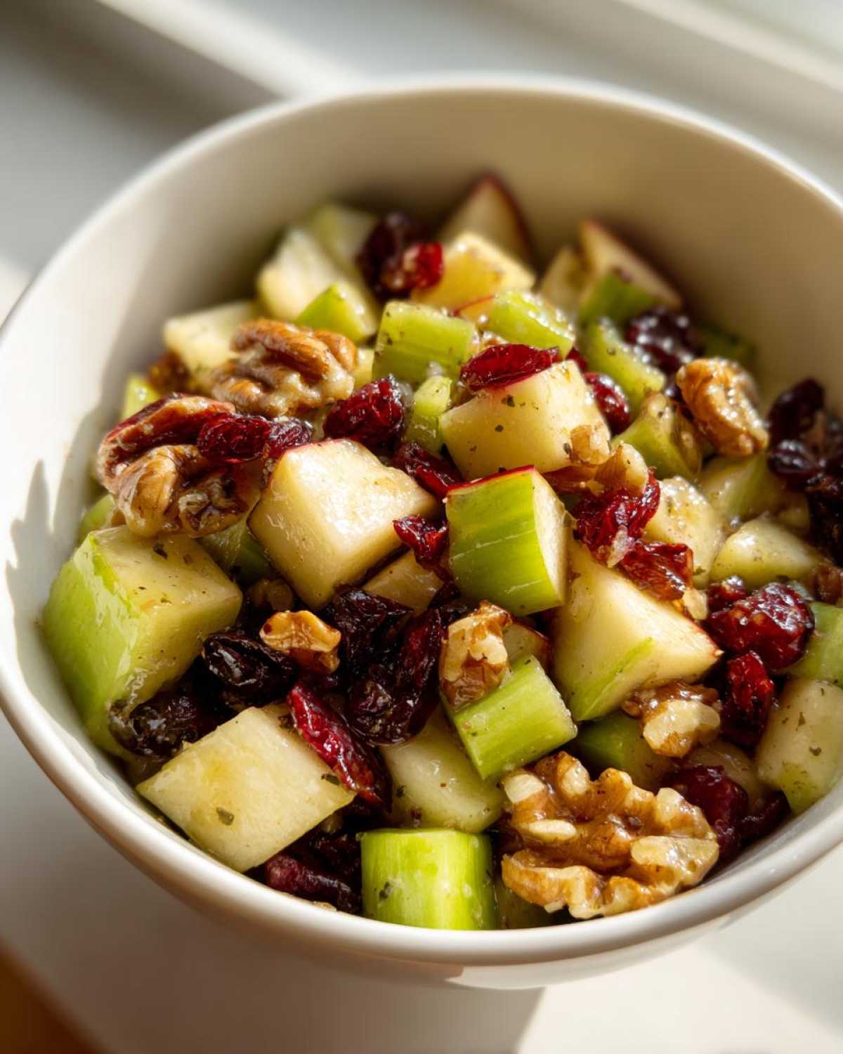 Close-up of diced apples, celery, walnuts, and dried cranberries in a white bowl making an apple salad.