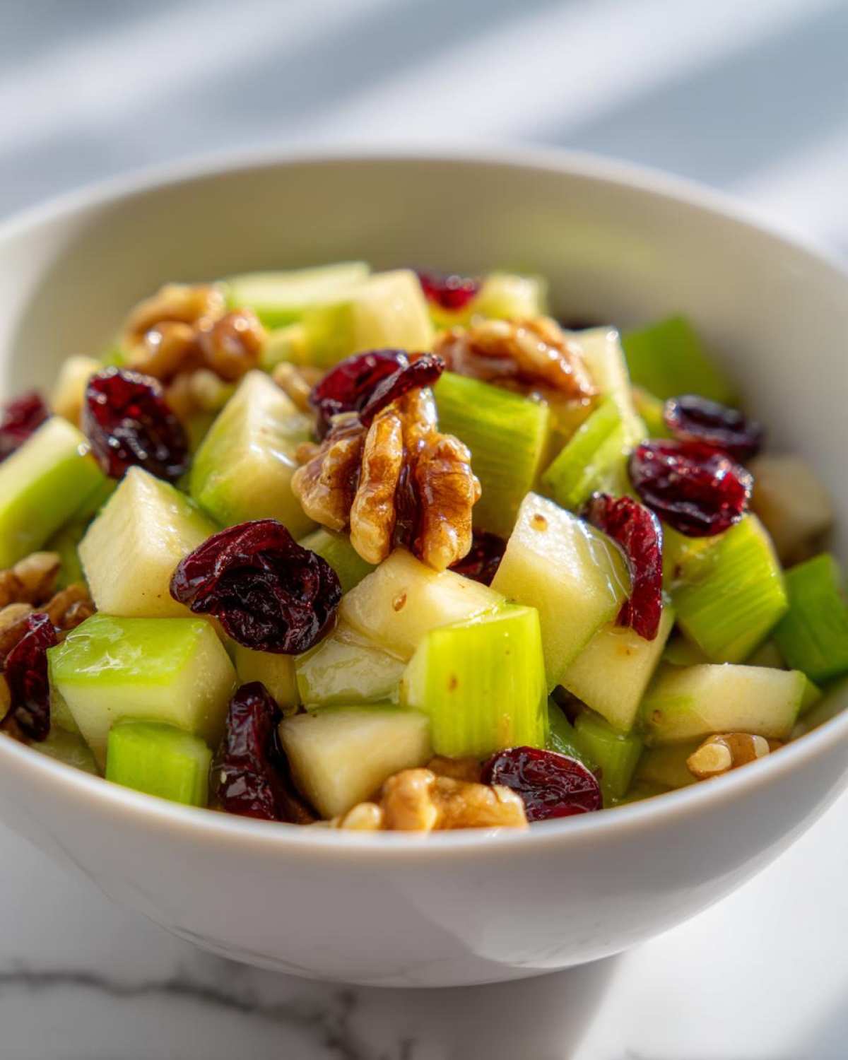 Close-up of a vibrant apple salad featuring diced green apples, celery, walnuts, and dried cranberries.