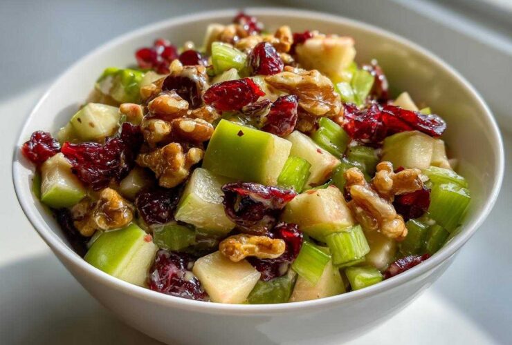 Close-up of a white bowl filled with crunchy apple salad featuring diced green apples, celery, walnuts, and dried cranberries.