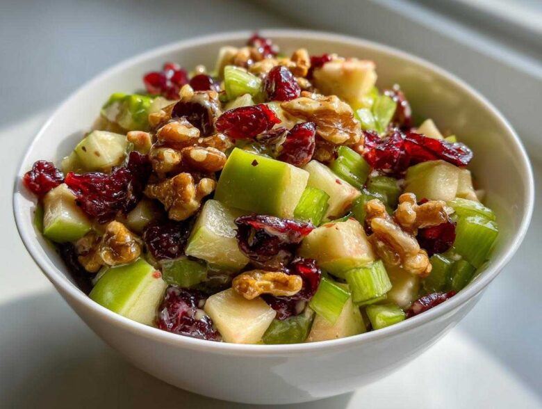 Close-up of a white bowl filled with crunchy apple salad featuring diced green apples, celery, walnuts, and dried cranberries.