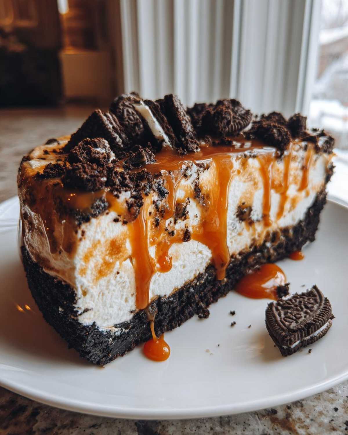 A rich slice of ice cream pie featuring a dark cookie crust, white filling, dripping caramel sauce, and crushed Oreos on top.