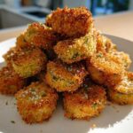 A mound of golden brown, crispy Delicious Air Fryer Fried Pickles sprinkled with Parmesan cheese on a white plate.