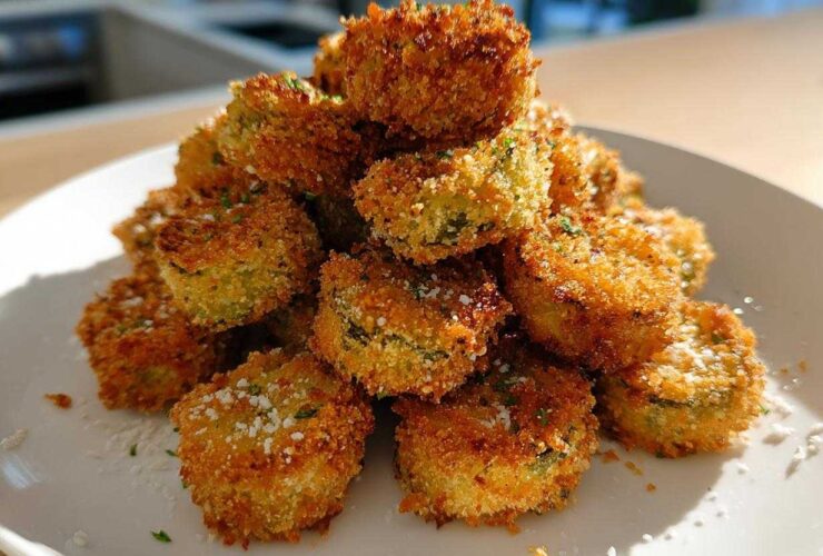 A mound of golden brown, crispy Delicious Air Fryer Fried Pickles sprinkled with Parmesan cheese on a white plate.