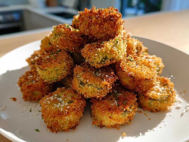 A mound of golden brown, crispy Delicious Air Fryer Fried Pickles sprinkled with Parmesan cheese on a white plate.