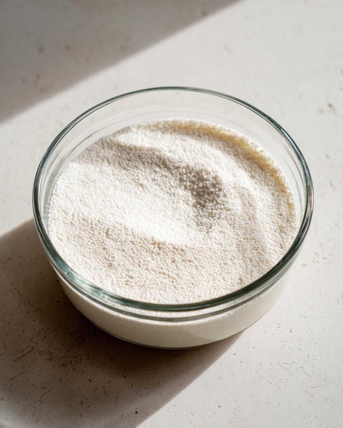 Close-up of dry white chia seeds in a clear glass bowl, an ingredient for coconut chia pudding.
