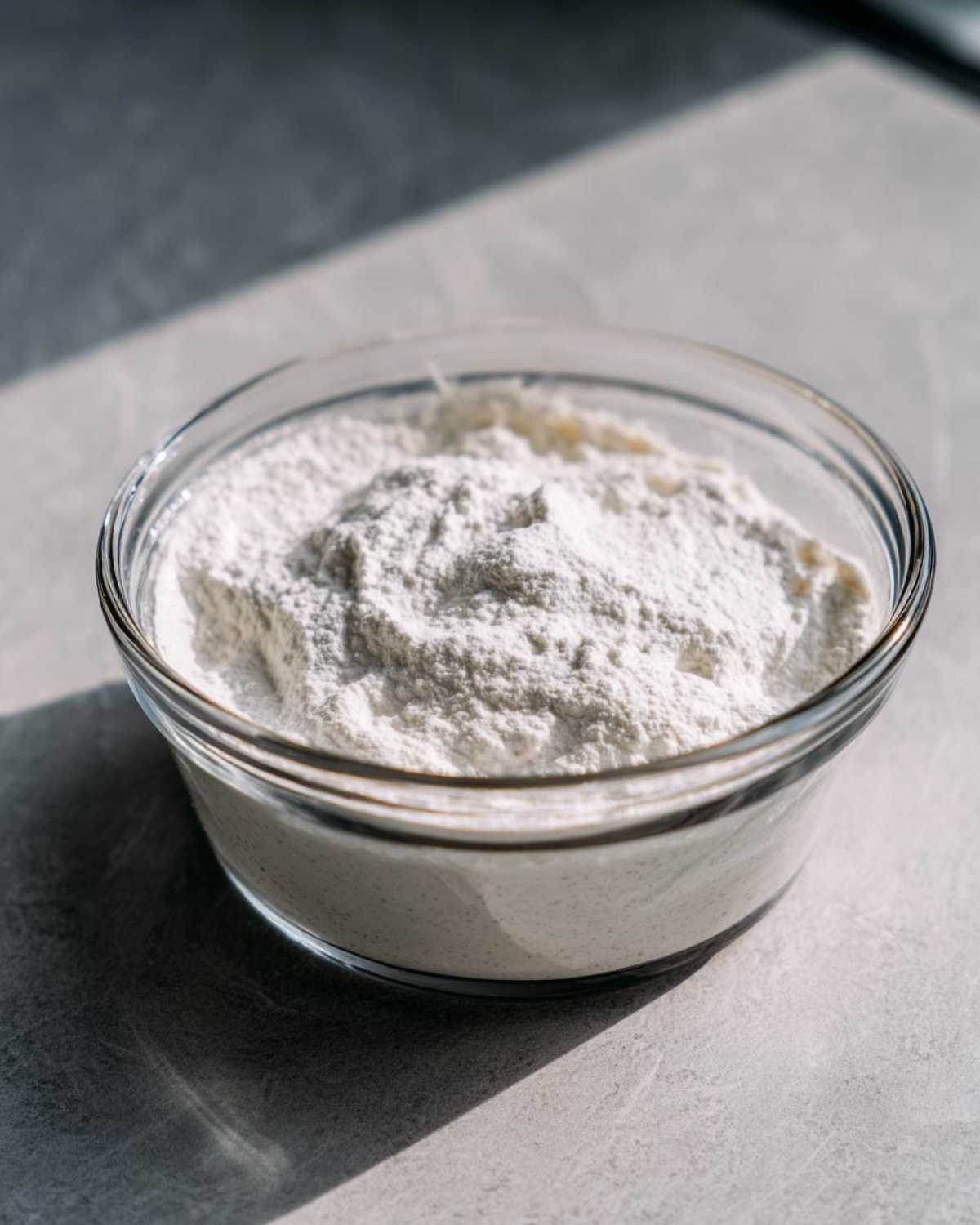A small glass bowl filled with white powder, likely a dry ingredient like chia seeds or sweetener for coconut chia pudding.