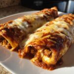 Two baked easy chicken enchiladas covered in rich red sauce and melted white cheese, served on a white plate.