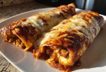 Two baked easy chicken enchiladas covered in rich red sauce and melted white cheese, served on a white plate.