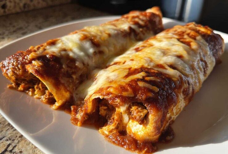Two baked easy chicken enchiladas covered in rich red sauce and melted white cheese, served on a white plate.