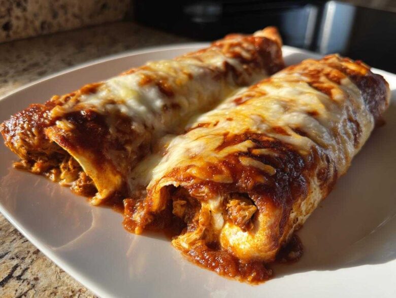 Two baked easy chicken enchiladas covered in rich red sauce and melted white cheese, served on a white plate.