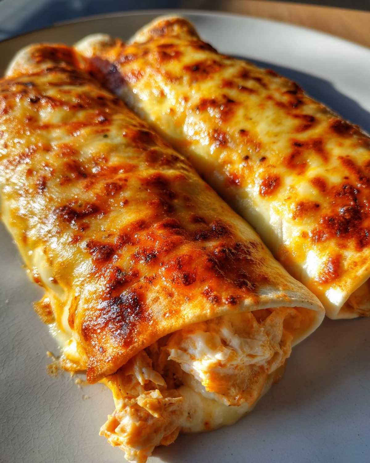 Close-up of two baked easy chicken enchiladas covered in bubbly, browned, melted cheese.