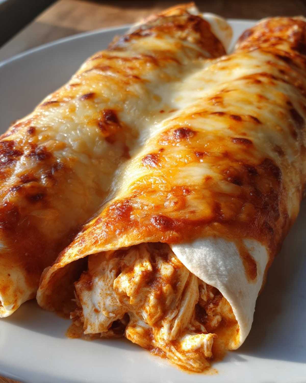 Close-up of two easy chicken enchiladas covered in melted, bubbly, and slightly browned cheese sauce.