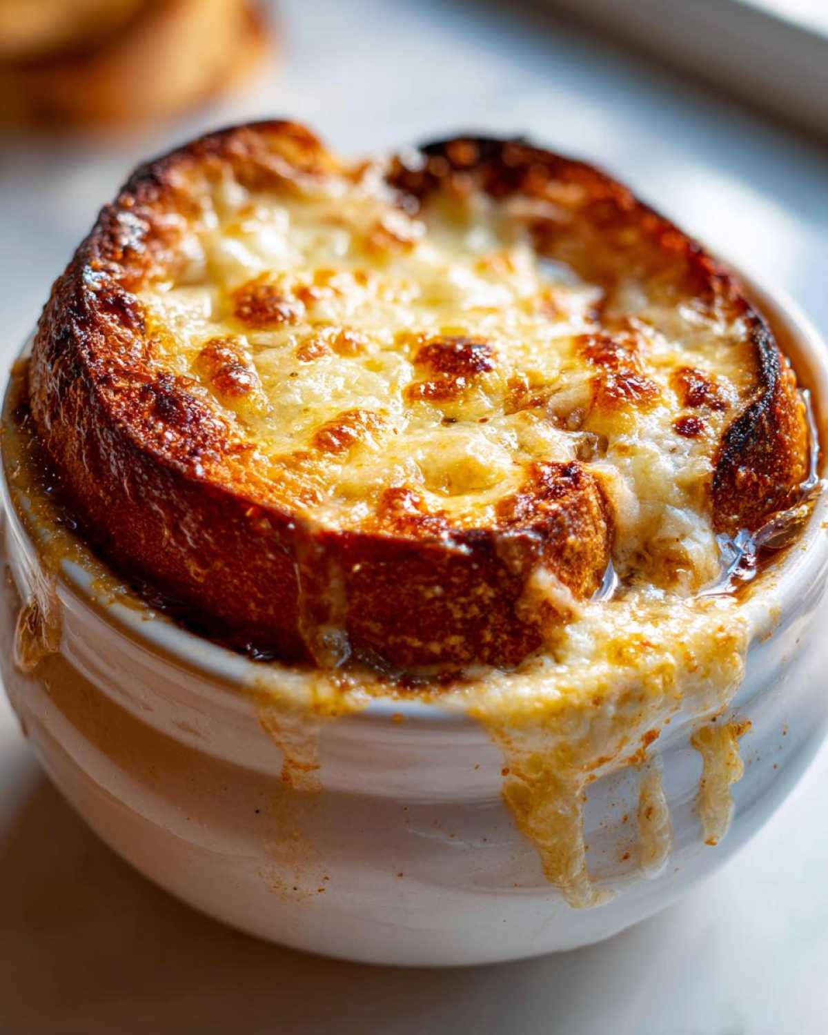 Close-up of a bowl of rich french onion soup topped with a thick, toasted crouton and bubbling, melted Gruyère cheese.