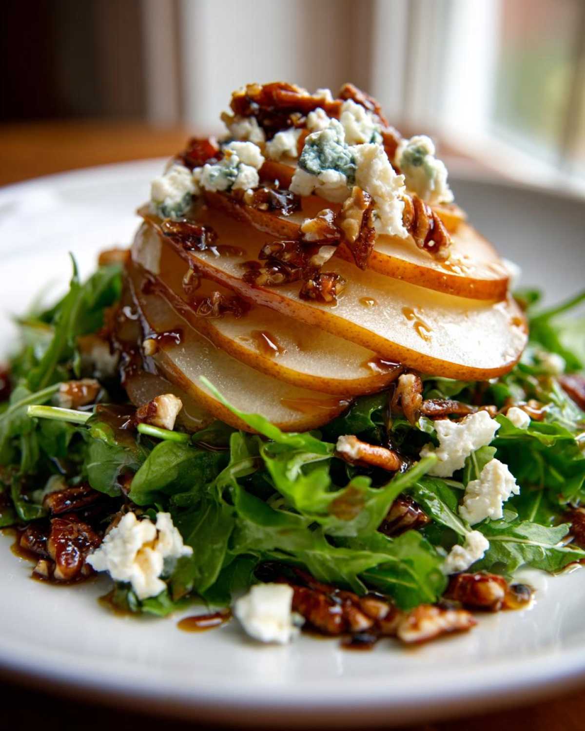 A stunning pear salad featuring stacked, thinly sliced pears over arugula, topped with blue cheese crumbles and candied pecans.