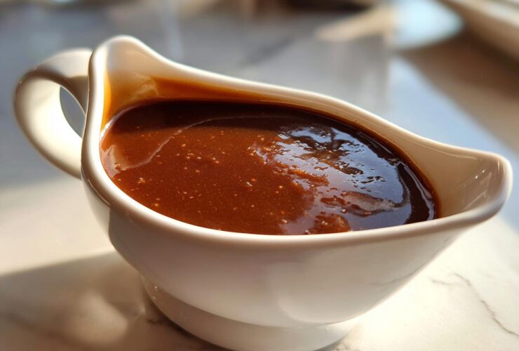 Close-up of rich, glossy homemade brown gravy served in a white ceramic gravy boat.
