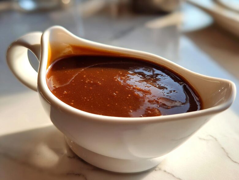 Close-up of rich, glossy homemade brown gravy served in a white ceramic gravy boat.